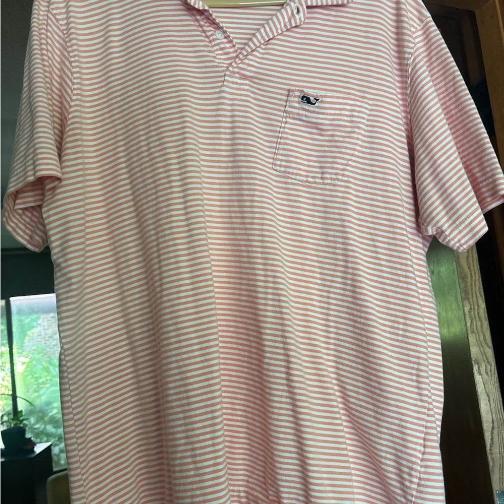 Vineyard Vines Men's coral and White Striped Polo